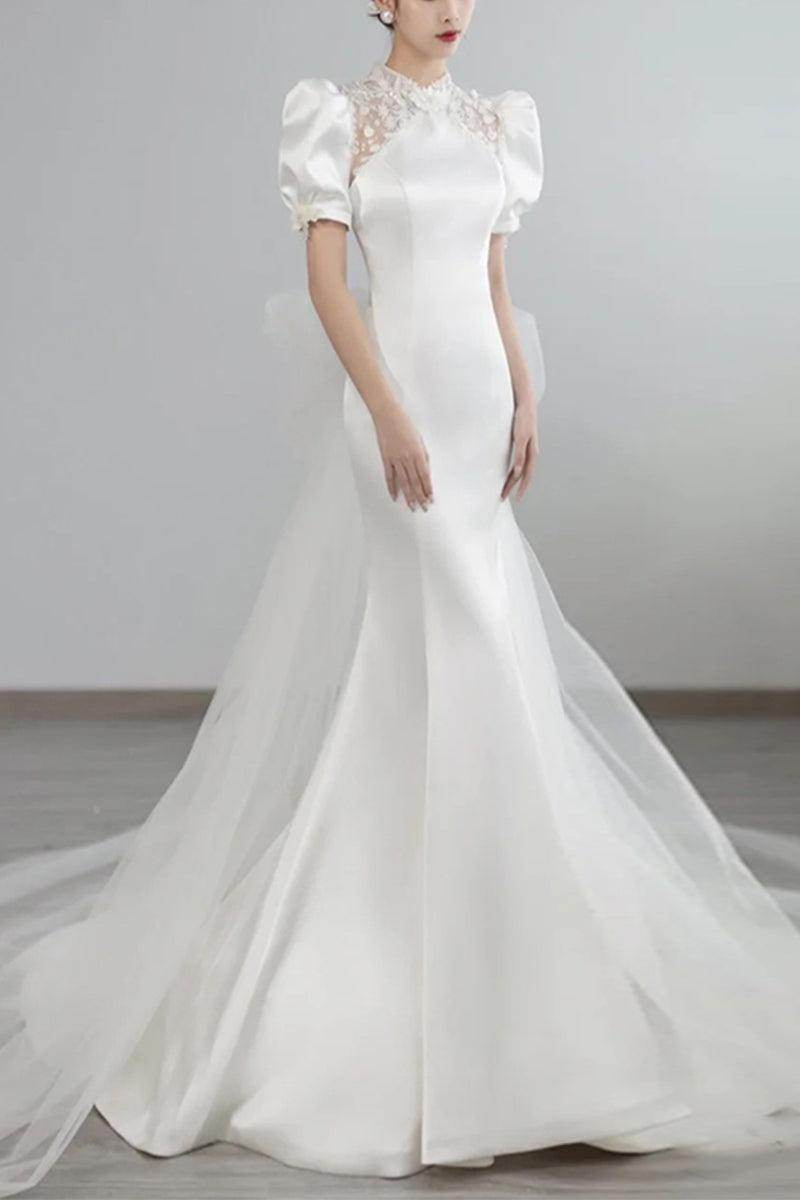 Trumpet-Mermaid Chapel Train Satin Wedding Dress 678713046521 - COCOMELODY